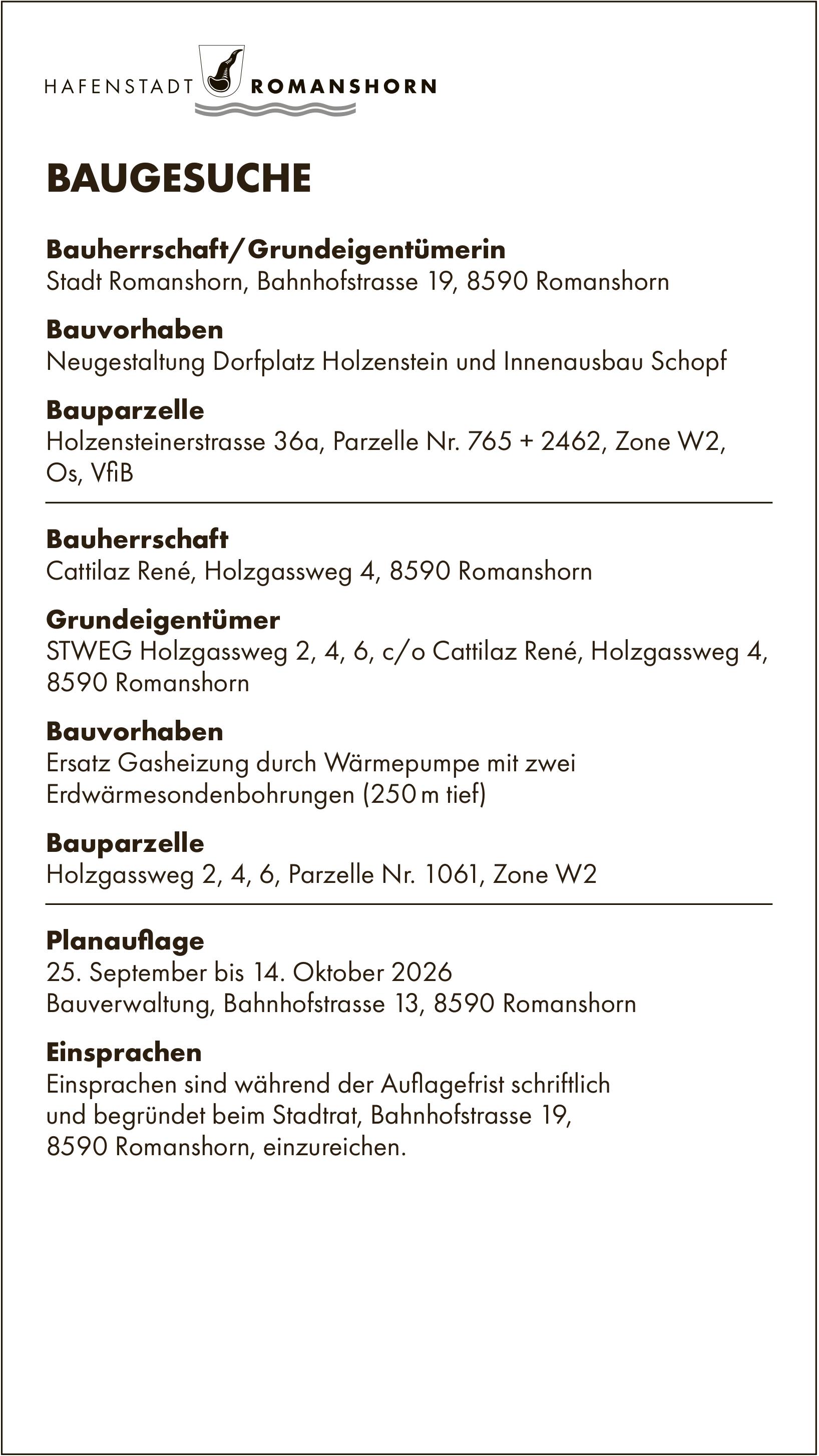 Baugesuche, 25. September bis 14. Oktober 2026, Hafenstadt Romanshorn, Bauherrschaft/Grundeigentümerin