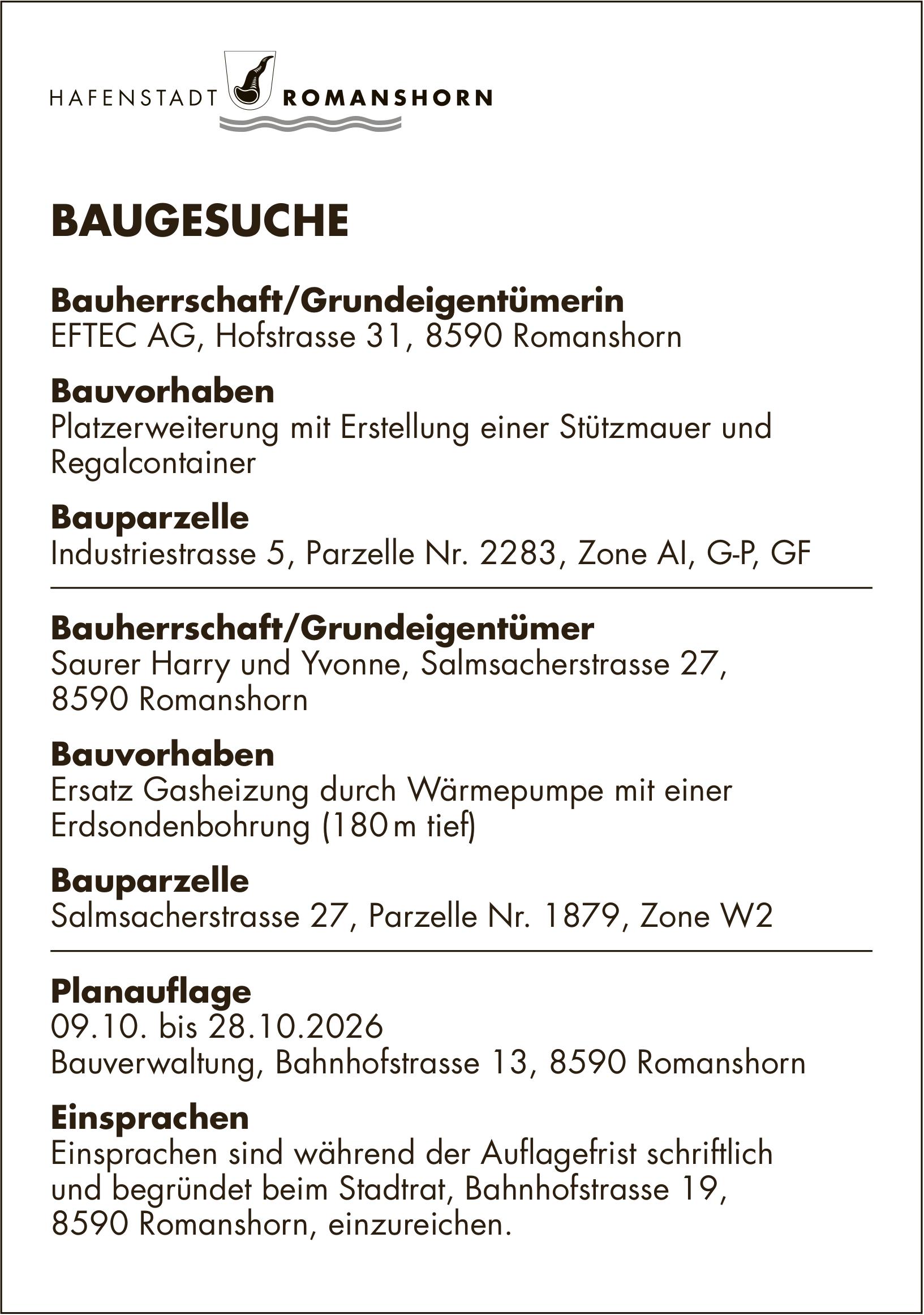 Baugesuche, 9. Oktober bis 28. Oktober 2026, Romanshorn - Bauherrschaft/Grundeigentümerin