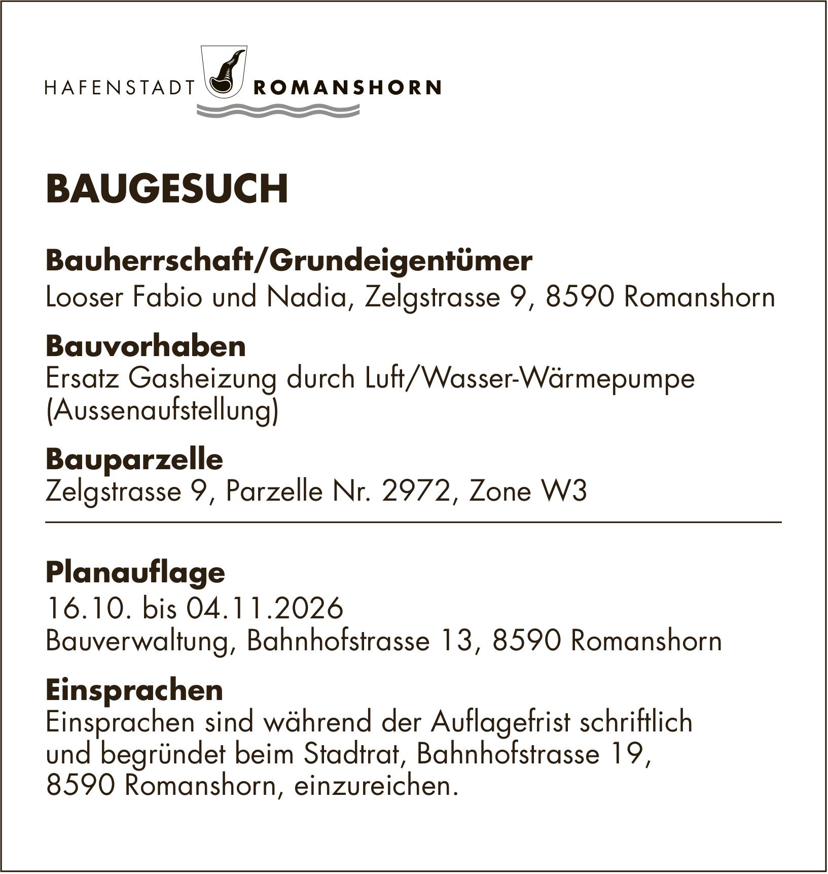Baugesuche, 16. Oktober bis 4. November 2026, HAFENSTADT ROMANSHORN, Bauherrschaft/Grundeigentümer