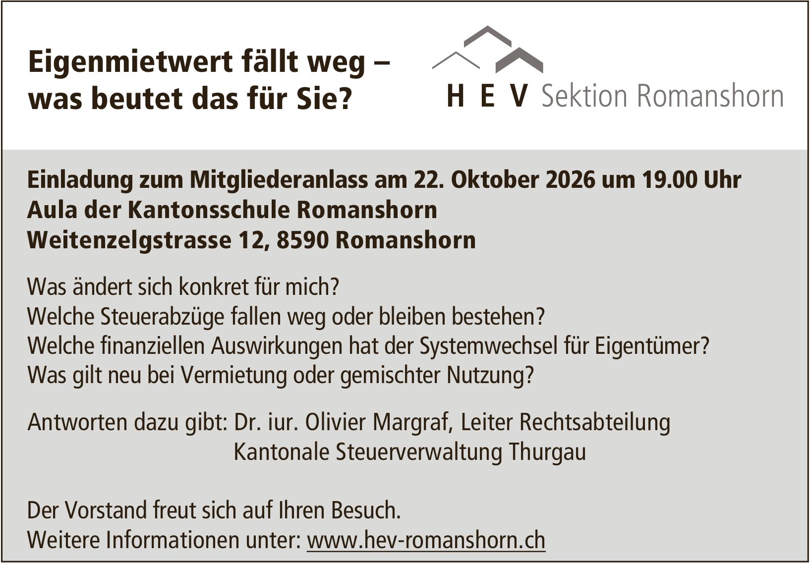 Eigenmietwert fällt weg – was bedeutet das für Sie?, 22. Oktober, Aula der Kantonsschule Romanshorn