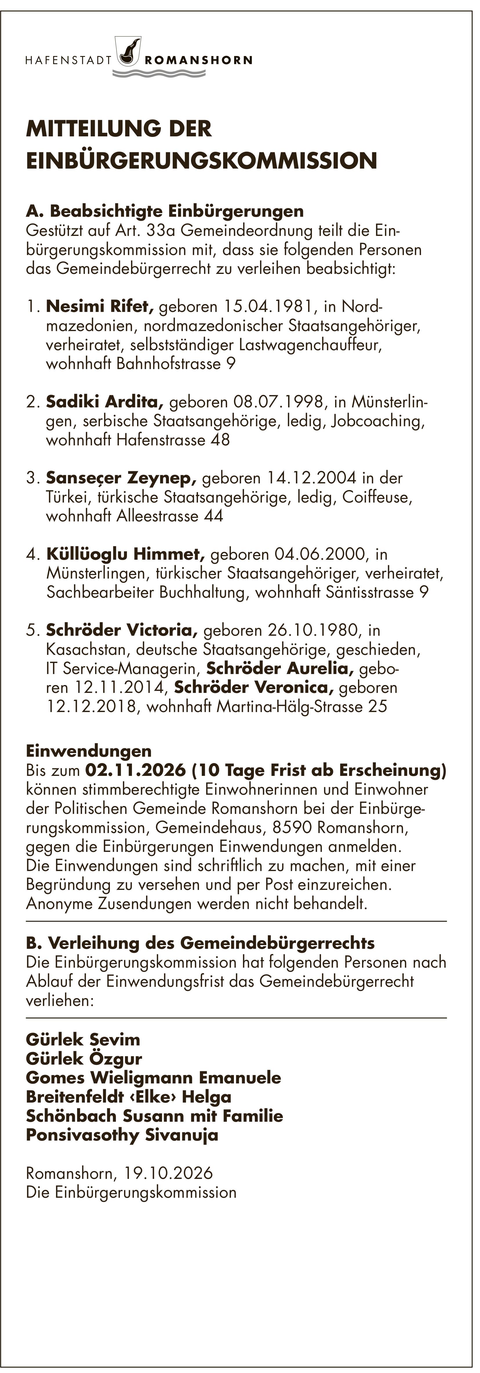Sonstiges, HAFENSTADT ROMANSHORN, MITTEILUNG DER EINBÜRGERUNGSKOMMISSION