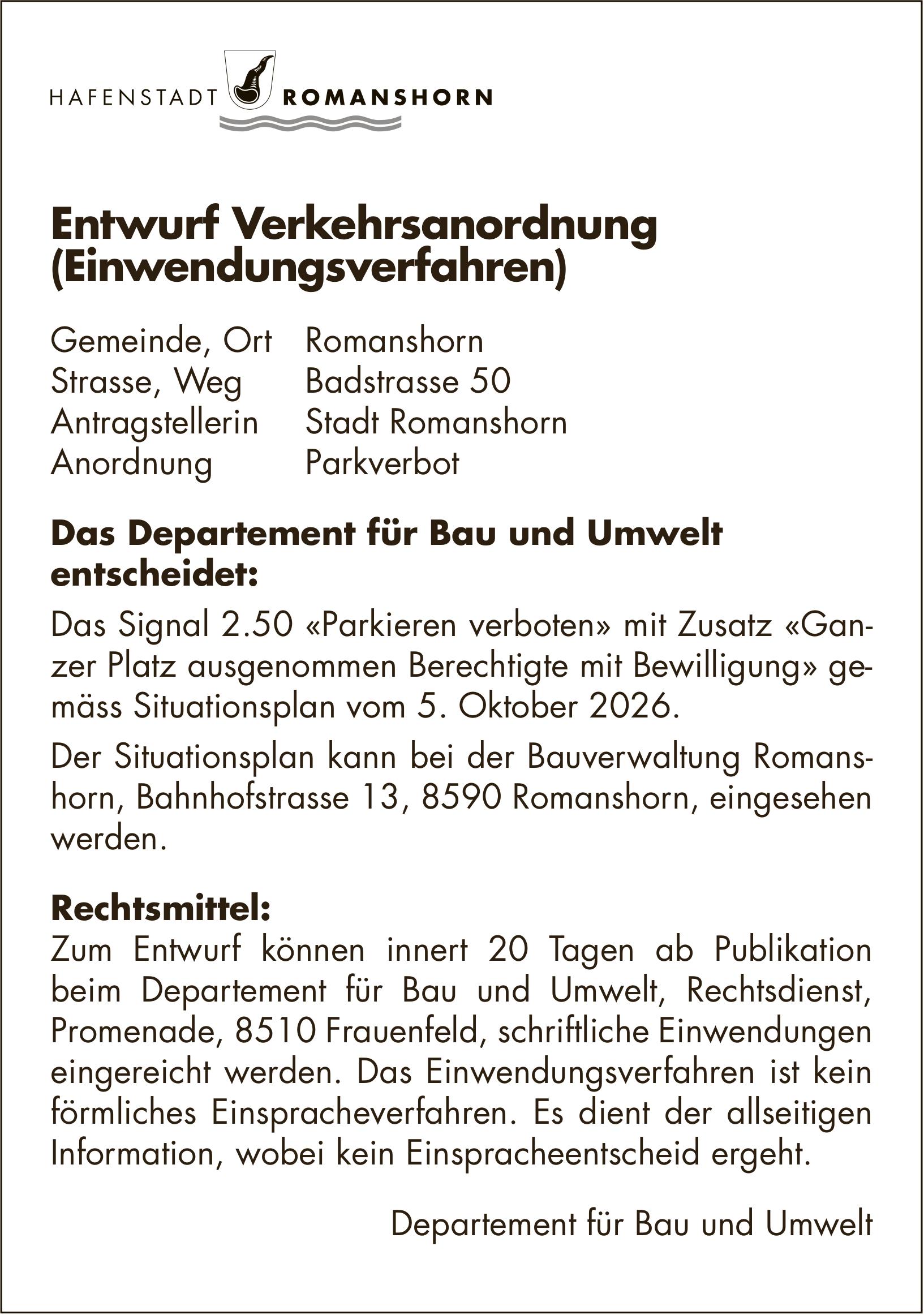 Verkehrsmassnahmen/ unterhaltsarbeiten, HAFENSTADT ROMANSHORN, Entwurf Verkehrsanordnung (Einwendungsverfahren)