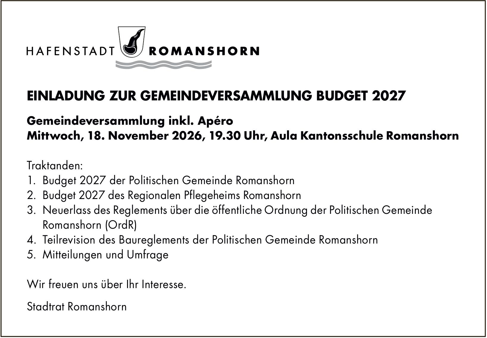 GEMEINDEVERSAMMLUNG BUDGET 2027, 18. November, Aula Kantonsschule Romanshorn