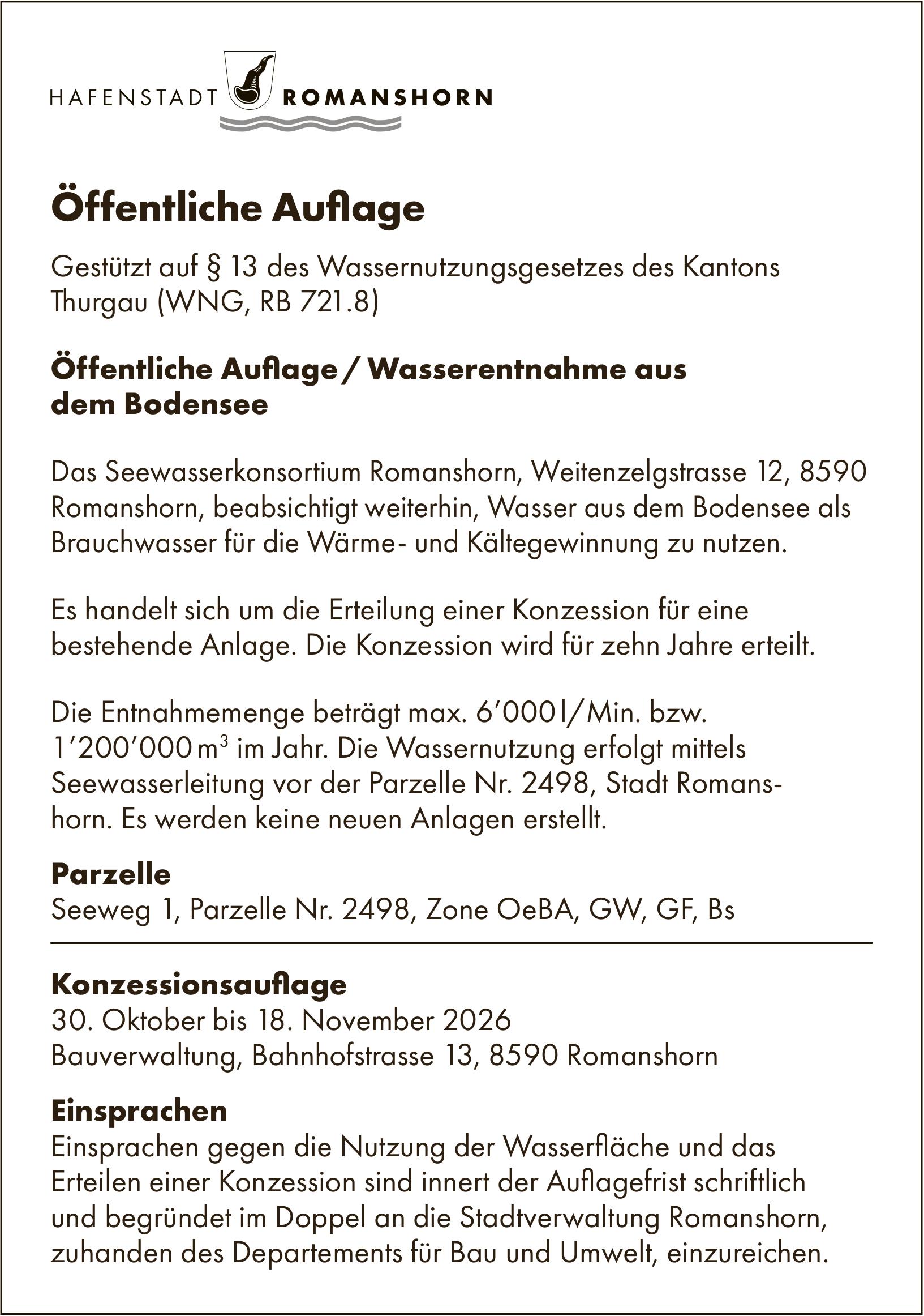 Gemeinde, HAFENSTADT ROMANSHORN, Öffentliche Auflage / Wasserentnahme aus dem Bodensee