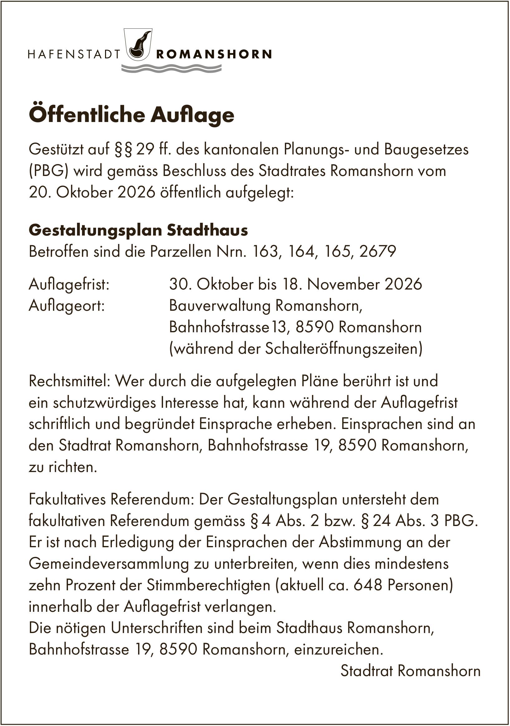Gemeinde, HAFENSTADT ROMANSHORN, Gestaltungsplan Stadthaus