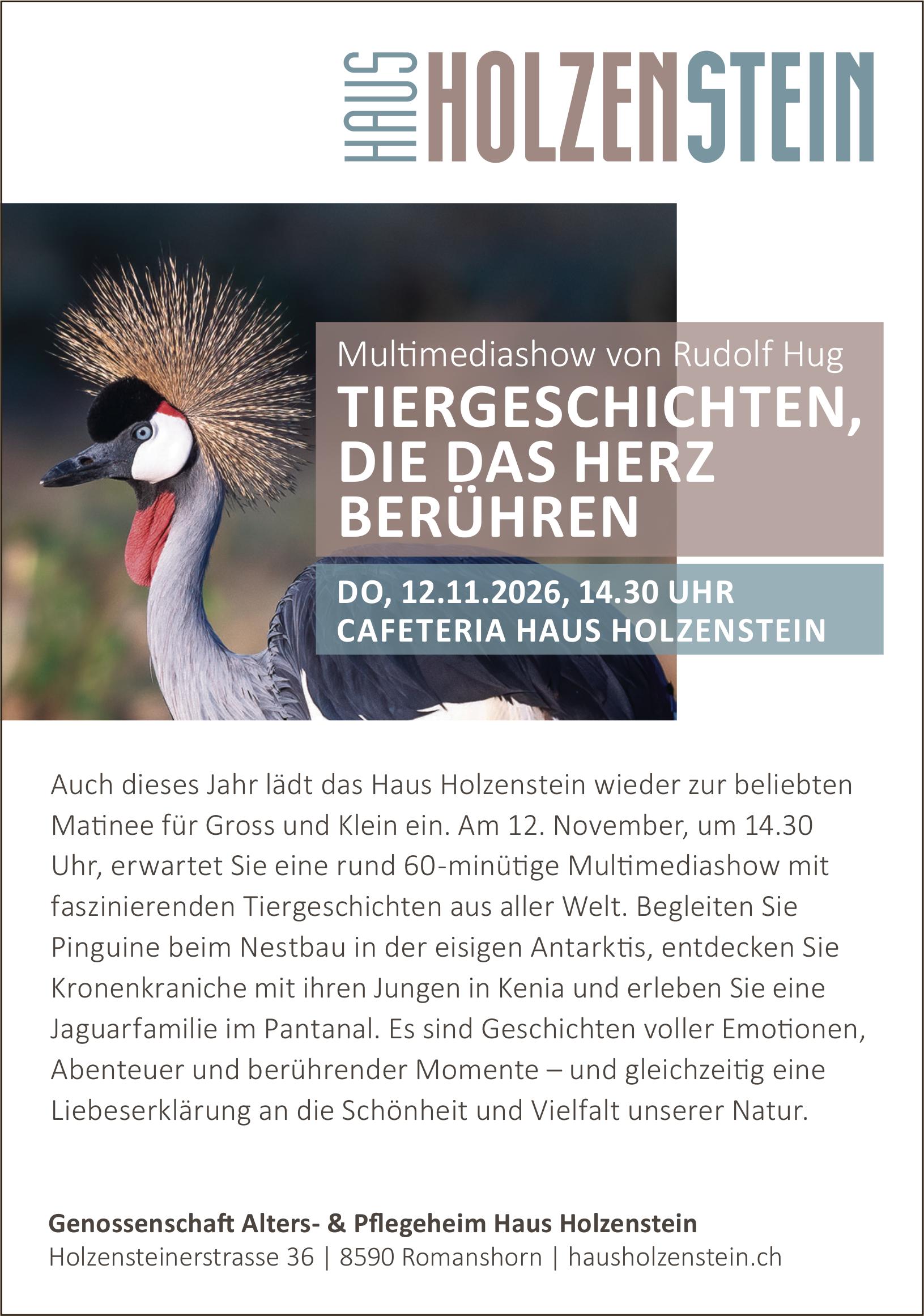TIERGESCHICHTEN, DIE DAS HERZ BERÜHREN, 12. November, Cafeteria Haus Holzenstein, Romanshorn