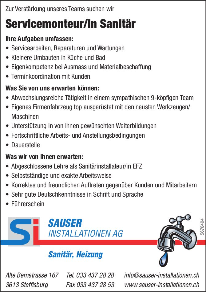 Servicemonteur/in Sanitär, Sauser Installtionen AG, Steffisburg, gesucht