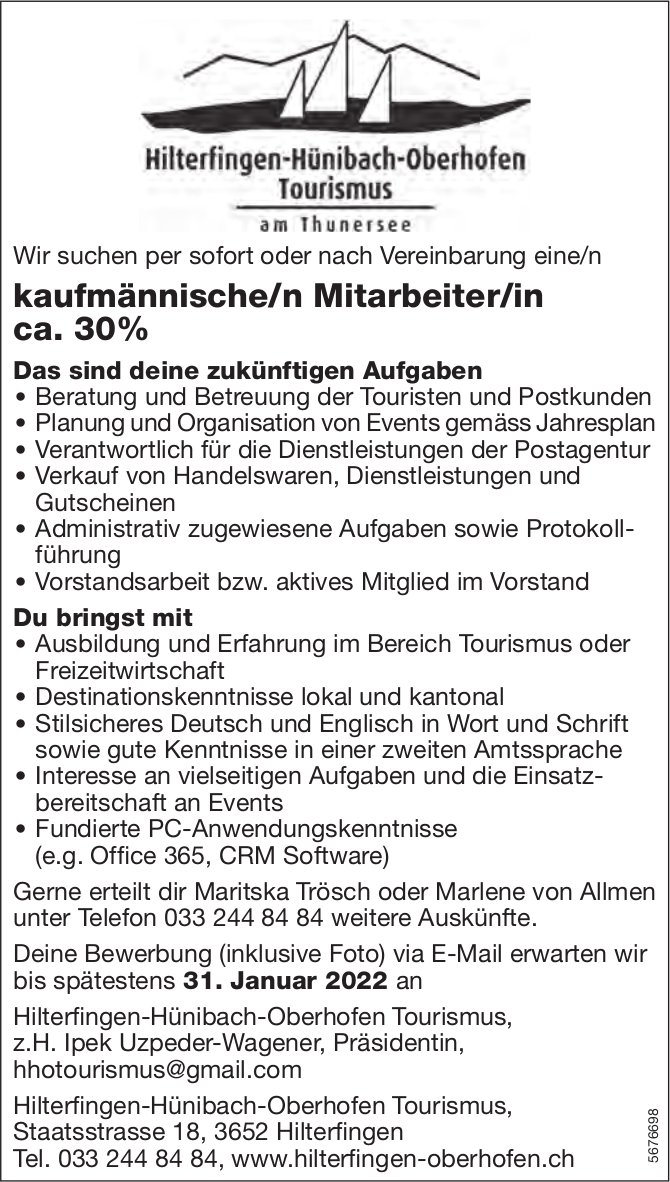 Kaufmännische/n Mitarbeiter/in ca. 30%, Hilterfingen-Hünibach-Oberhofen Tourismus, gesucht