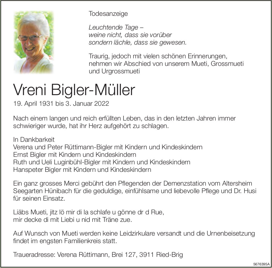 Bigler-Müller Vreni, Januar 2022 / TA