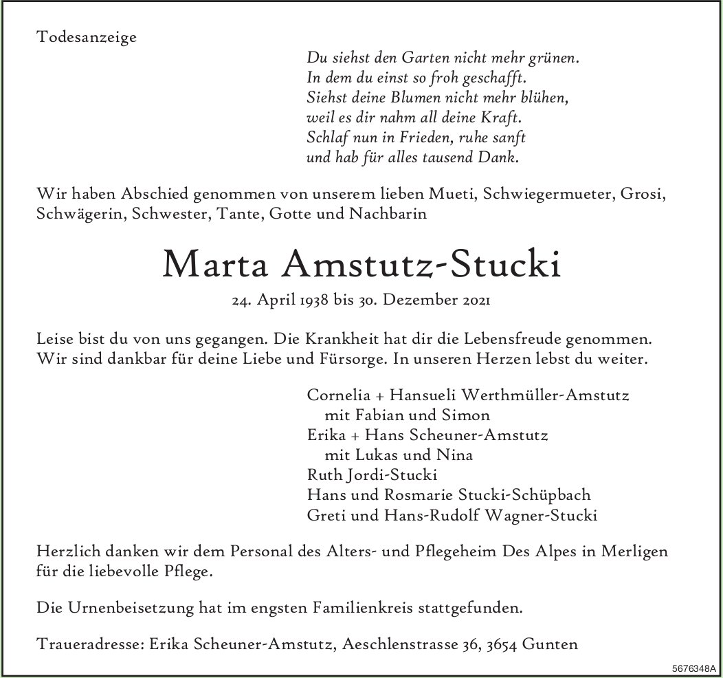 Amstutz-Stucki Marta, Dezember 2021 / TA