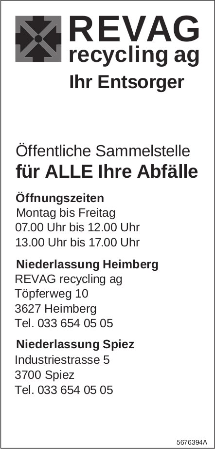 REVAG recycling ag, Heimberg/Spiez - Öffentliche Sammelstelle für Alle Ihre Abfälle