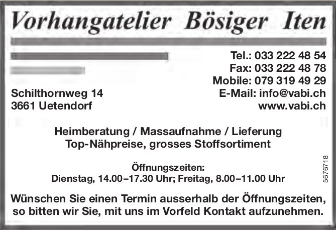 Vorhangatelier Bösiger Iten, Uetendorf - Heimberatung/Massaufnahme/Lieferung