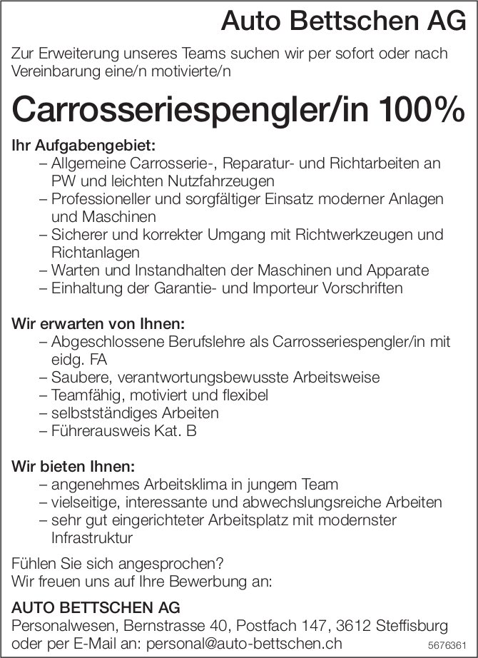 Carrosseriespengler/in 100%, Auto Bettschen AG, Steffisburg, gesucht