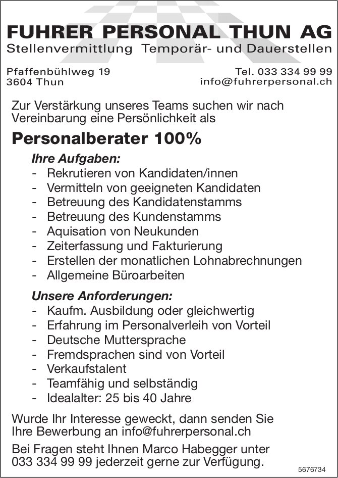 Personalberater 100%, Fuhrer Personal Thun AG, gesucht