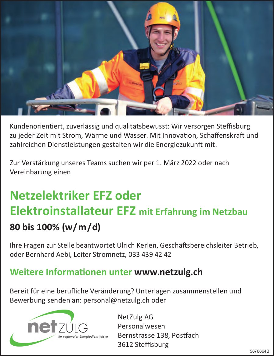 Netzelektriker EFZ oder Elektroinstallateur EFZ mit Erfahrung im Netzbau 80­ bis 100% (w/m), NetZulg AG, Steffisburg, gesucht
