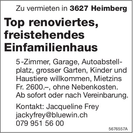 Top renoviertes, freistehendes Einfamilienhaus, 5-Zimmer, Heimberg, zu vermieten