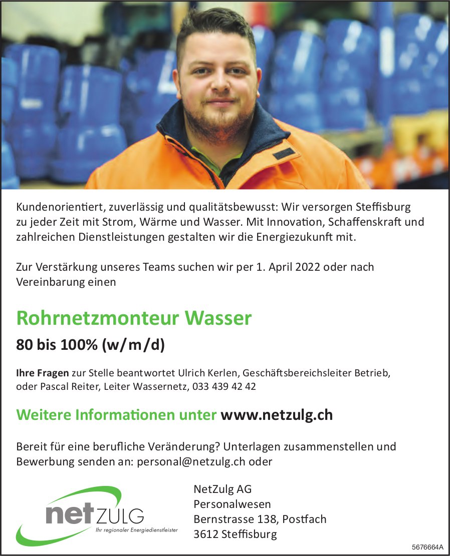 Rohrnetzmonteur Wasser 80 bis 100% (w/m/d), NetZulg AG, Steffisburg, gesucht