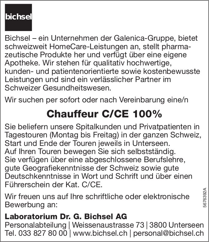 Chauffeur C/CE 100%, Laboratorium Dr. G. Bichsel AG, Unterseen, gesucht
