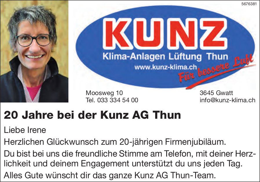 Kunz Klima, Gwatt - 20 Jahre bei der Kunz AG Thun