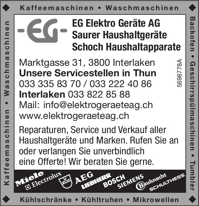 EG Elektro Geräte AG, Interlaken - Unsere Servicestellen in Thun
