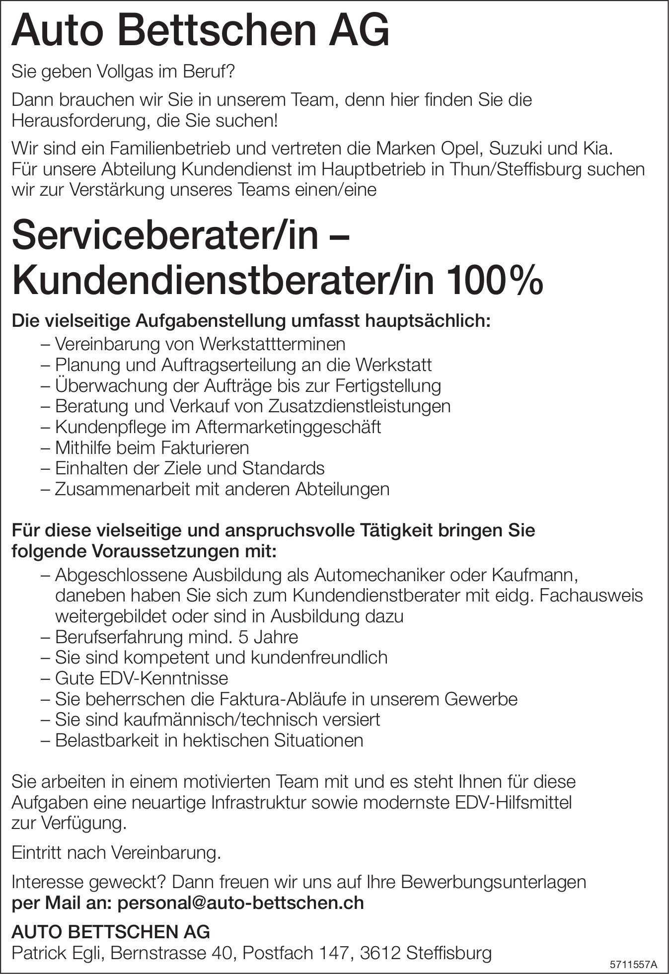 Serviceberater/in – Kundendienstberater/in 100%, Auto Bettschen AG, Steffisburg, gesucht