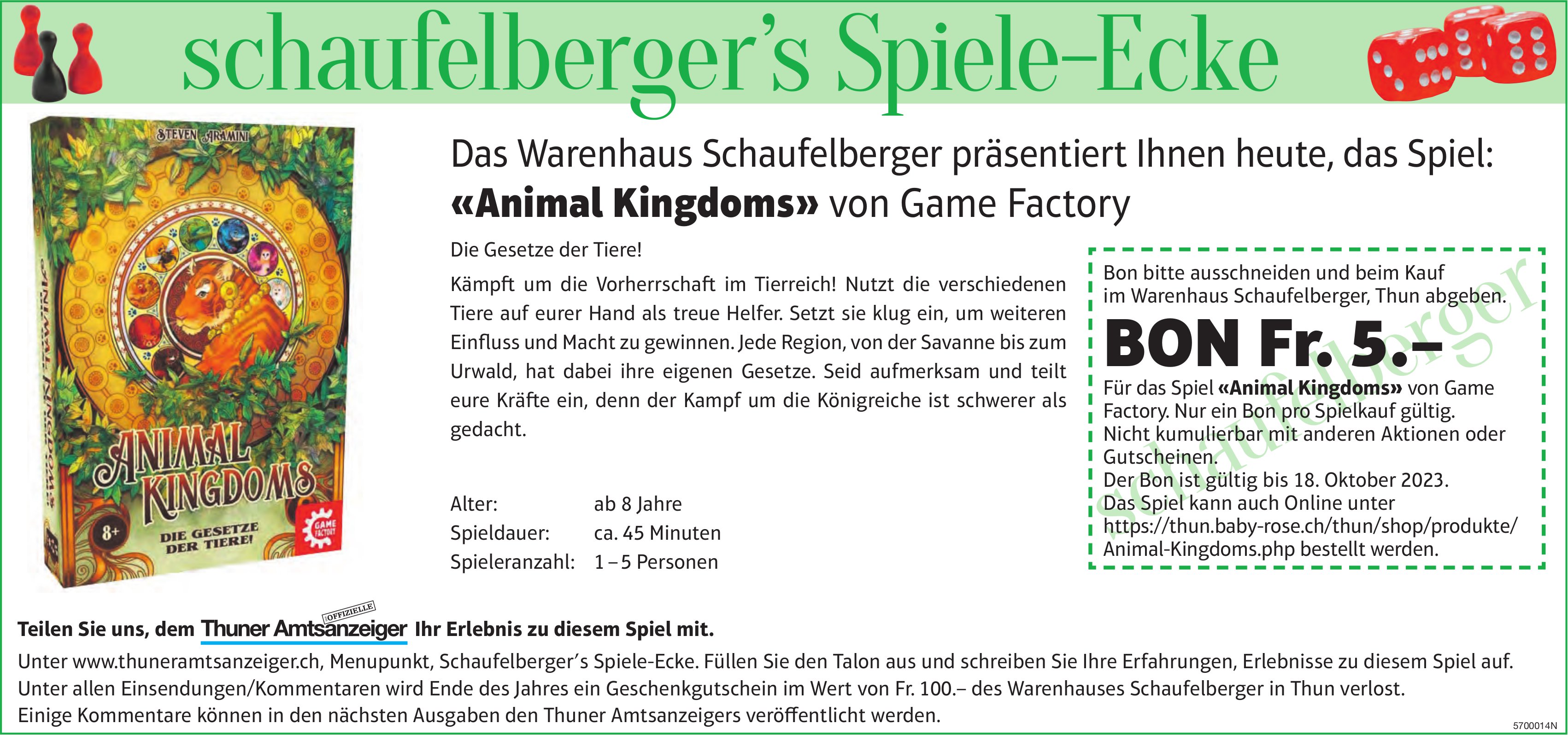Schaufelberger’s Spiele-Ecke, Thun - Das Warenhaus Schaufelberger präsentiert Ihnen heute, das Spiel: «Animal Kingdoms» von Game Factory