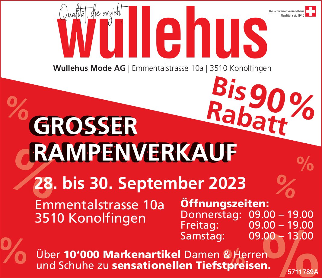 Grosser Rampenverkauf 28. bis 30. September 2023, bis 90% Rabatt, Wullehus Mode AG, Konolfingen