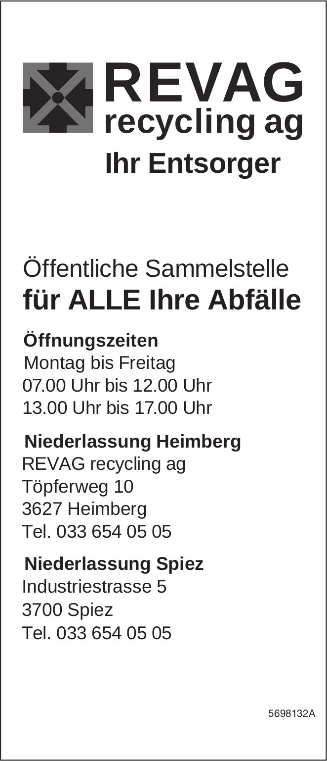 REVAG recycling ag, Heimberg & Spiez - Ihr Entsorger für ALLE Ihre Abfälle
