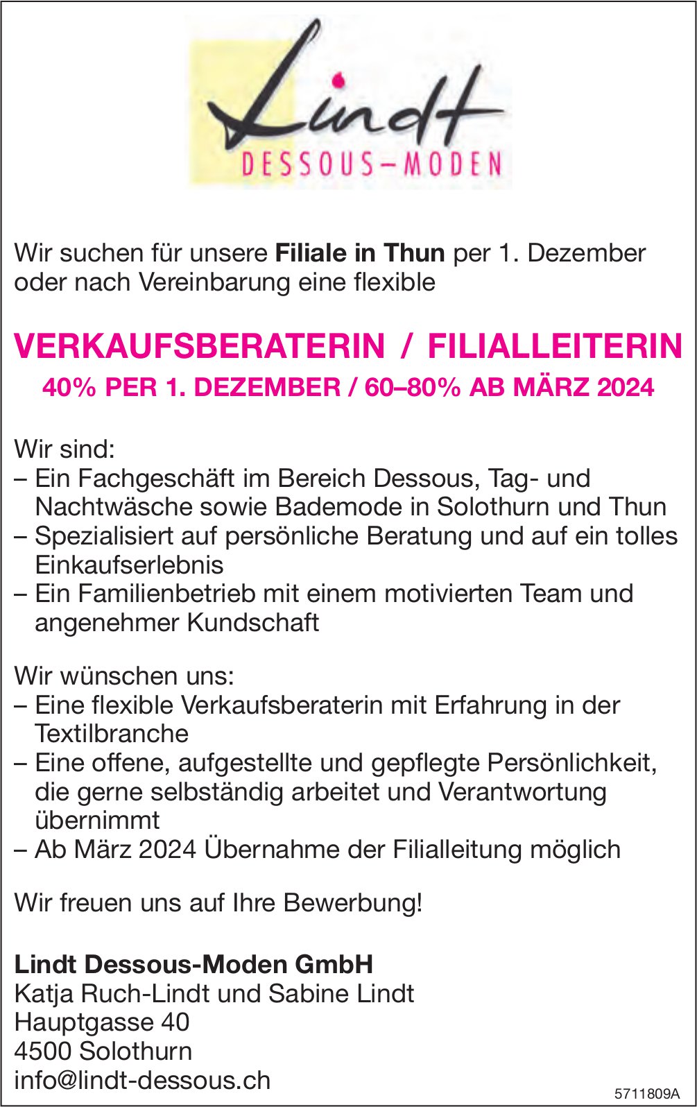 Verkaufsberaterin/Filialleiterin 40% per 1. Dezember / 60–80% ab März 2024, Lindt Dessous-Moden GmbH, Solothurn, gesucht