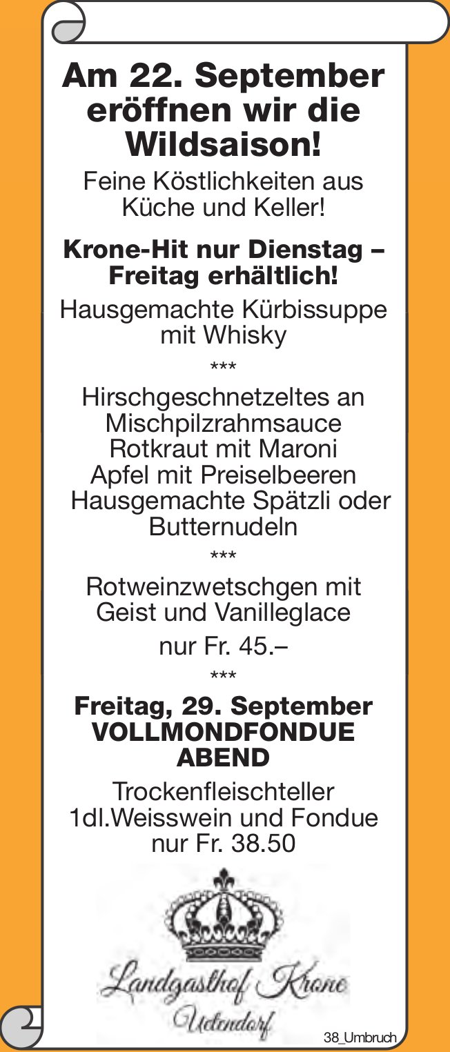 Landgasthof Krone, Uetendorf - Am 22. September eröffnen wir die Wildsaison!