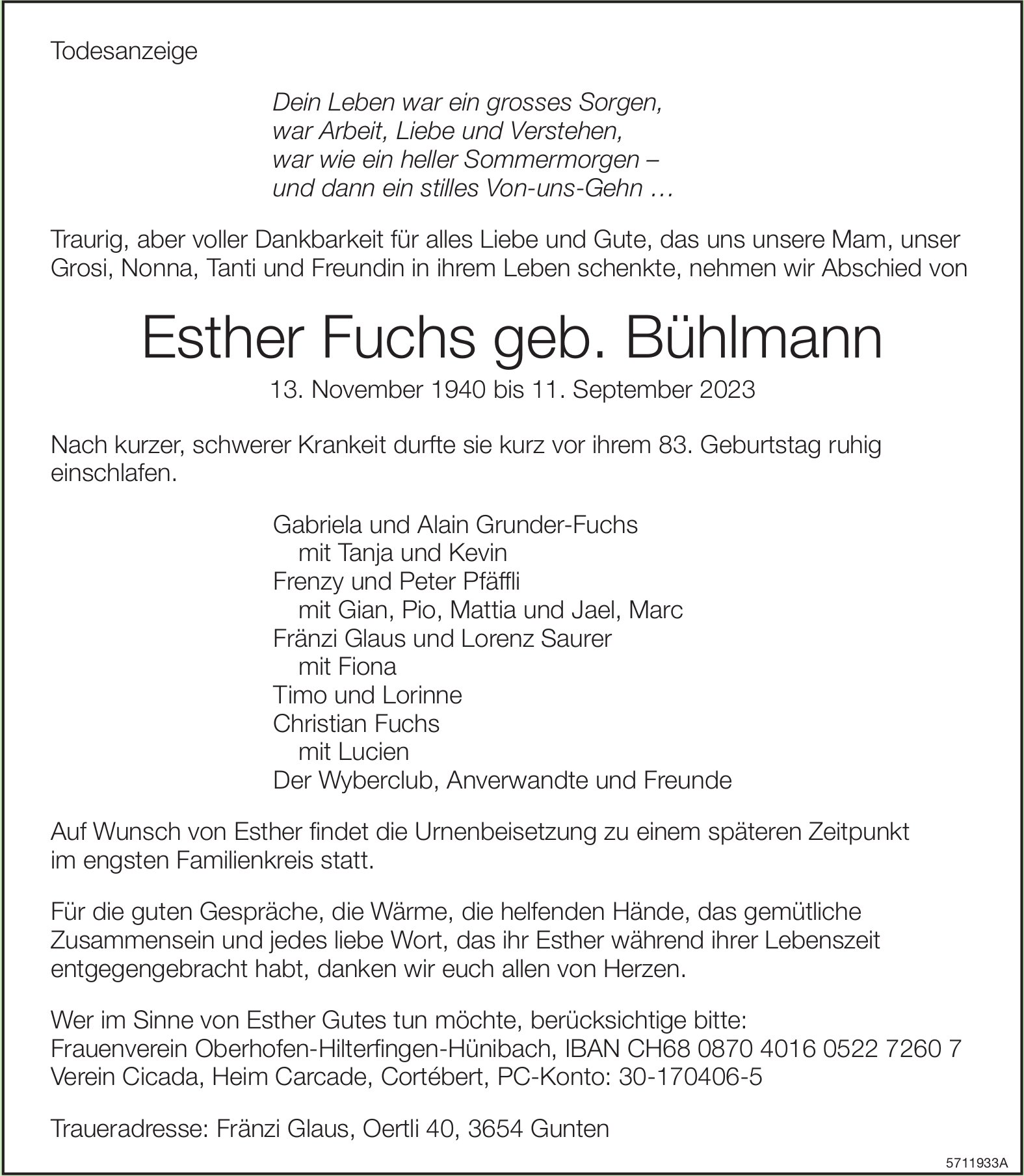 Fuchs geb. Bühlmann Esther, September 2023 / TA
