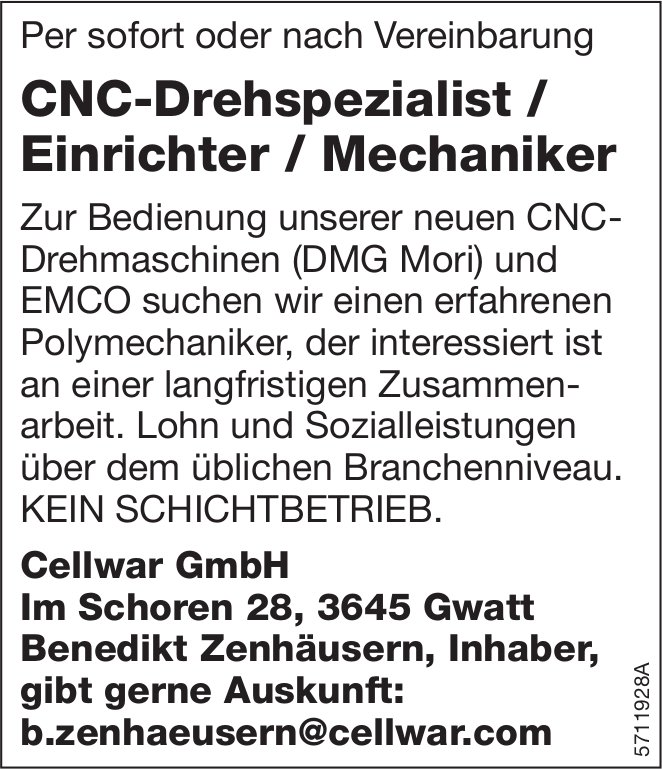 CNC-Drehspezialist / Einrichter / Mechaniker, Cellwar GmbH, Gwatt, gesucht