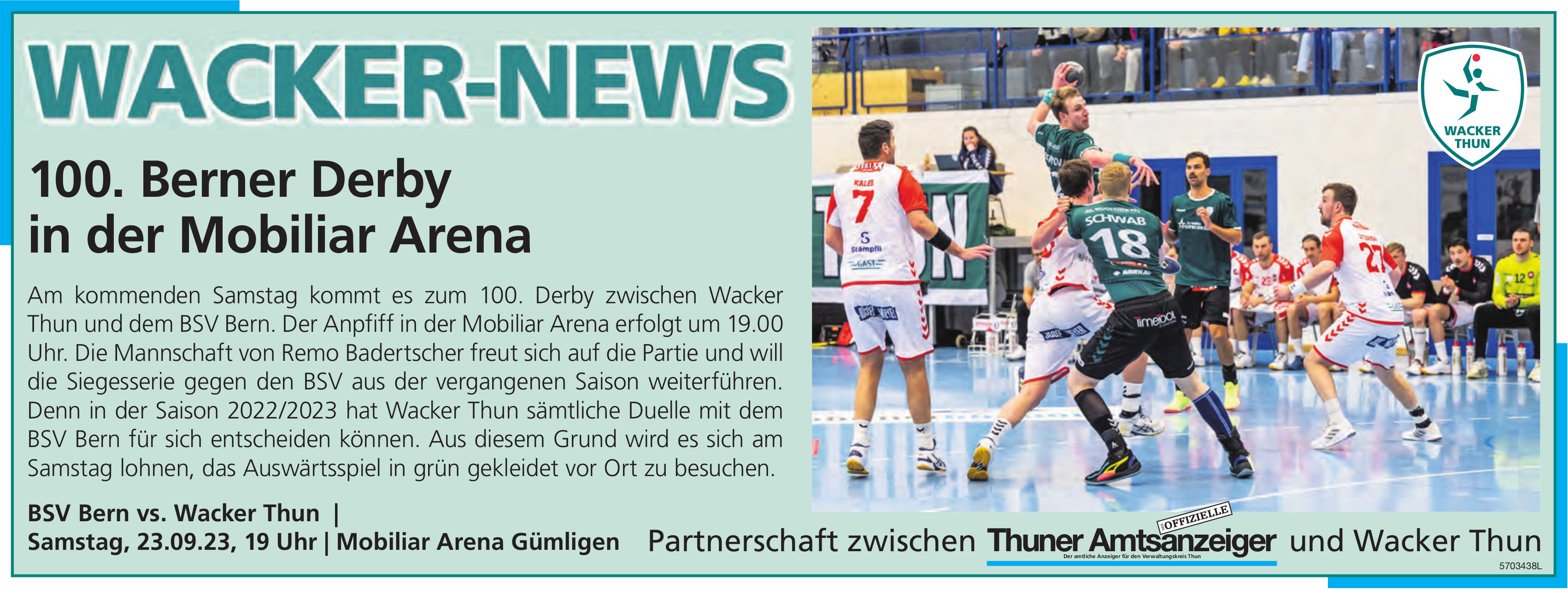 Thuner Amtsanzeiger / Wacker Thun - Wacker-News: 100. Berner Derby in der Mobiliar Arena