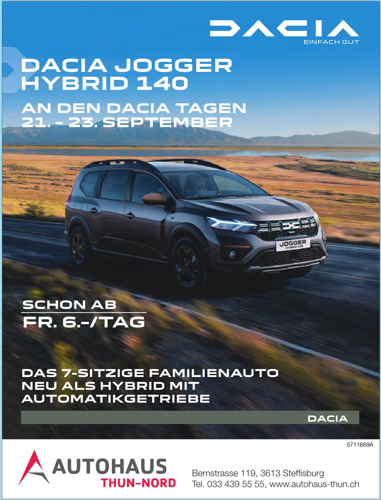 Dacia Jogger Hybrid 140 an den Dacia Tagen 21.–23. September, Autohaus Thun-Nord, Steffisburg