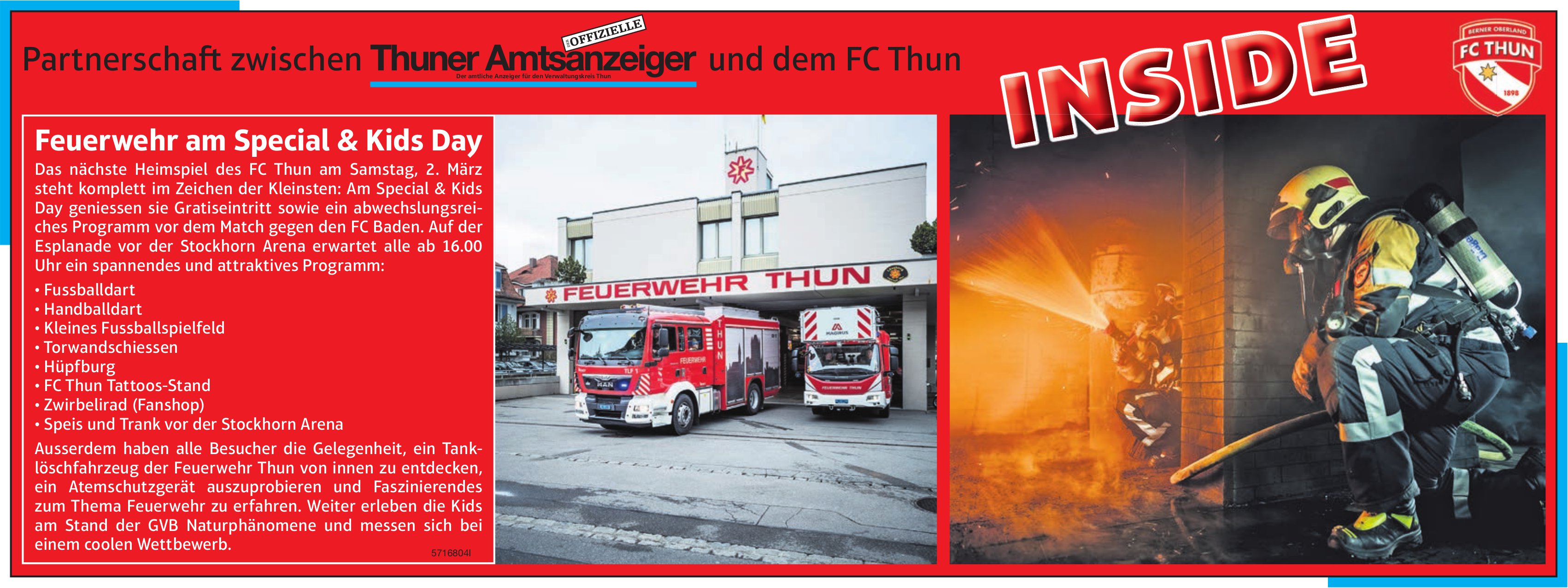Thuner Amtsanzeiger / FC Thun, Inside: Feuerwehr am Special & Kids Day, 2. März