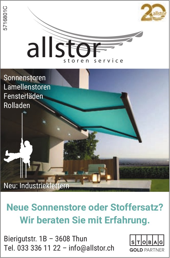 Allstor AG – Storen Service, Thun - Neue Sonnenstore oder Stoffersatz? Wir beraten Sie mit Erfahrung.