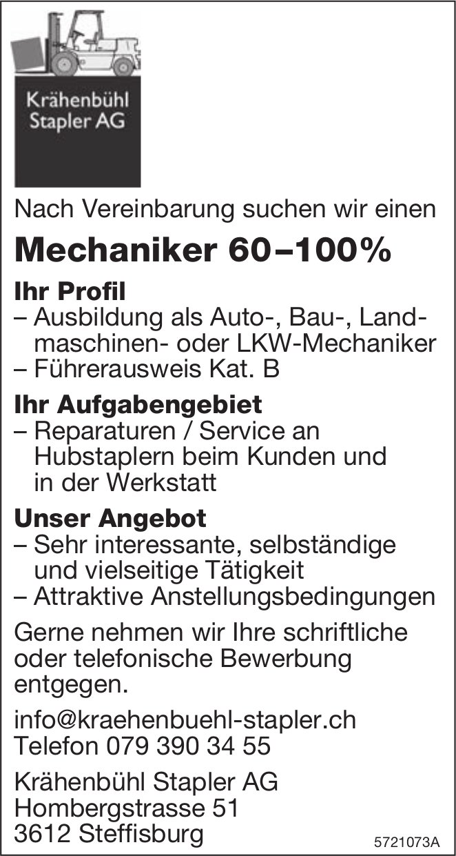 Mechaniker 60 –100%, Krähenbühl Stapler AG, Steffisburg, gesucht
