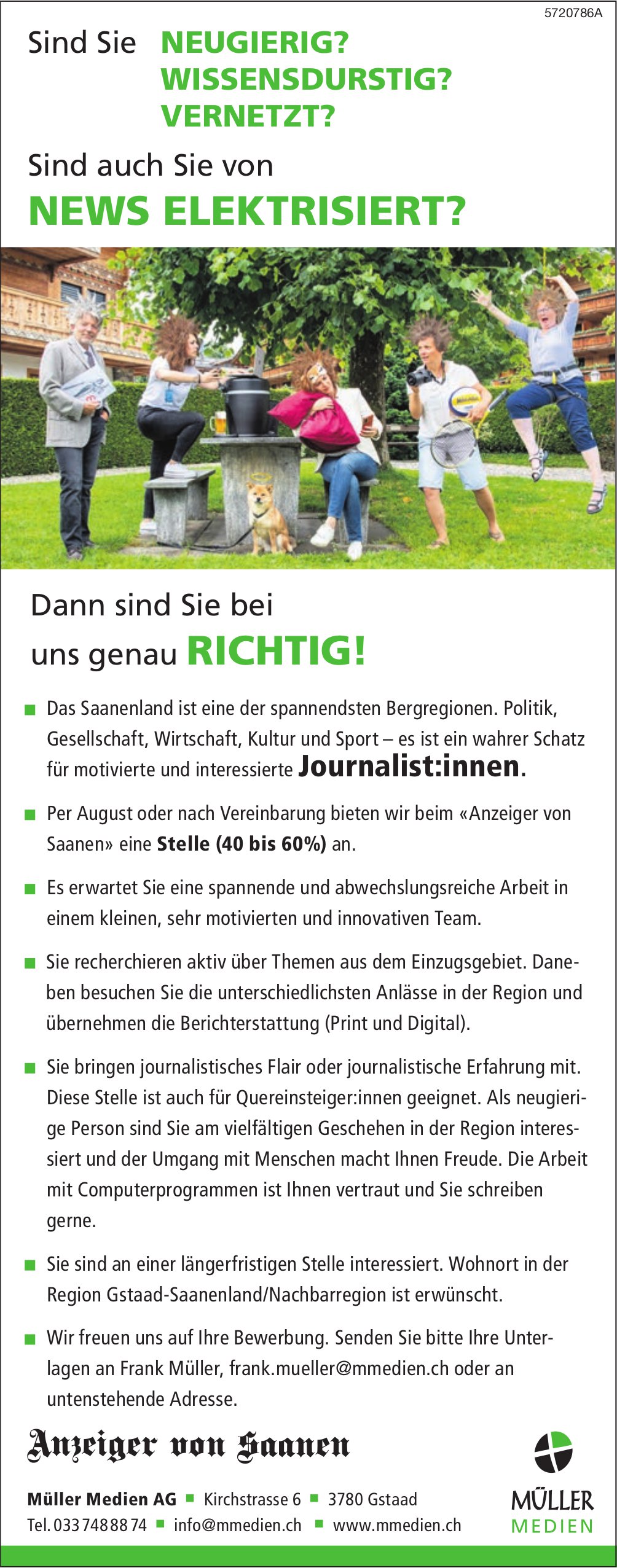 Journalist:innen (40 bis 60%), Müller Medien AG, Gstaad, gesucht