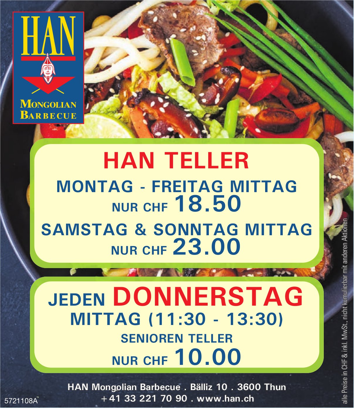 HAN Mongolian Barbecue, Thun - Han Teller / Senioren Teller jeden Donnerstag