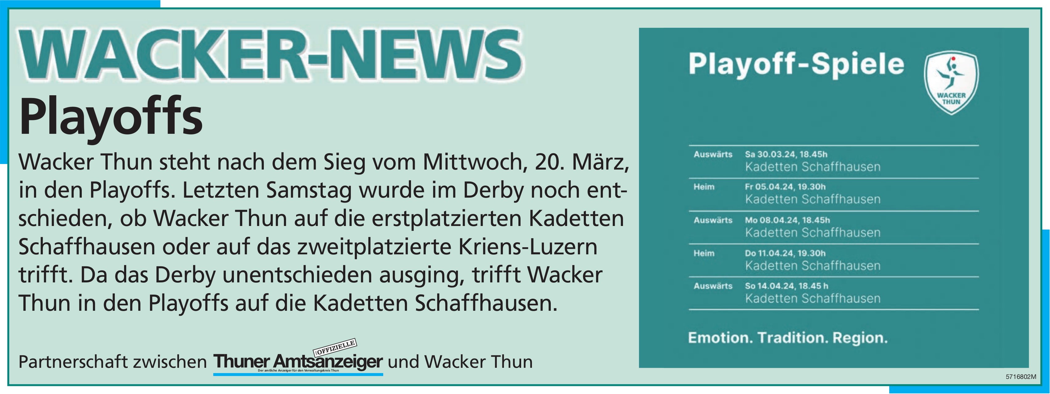 Thuner Amtsanzeiger / Wacker Thun, Wacker-News: Playoffs