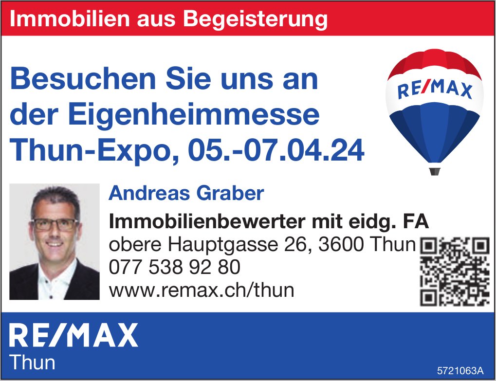 Besuchen Sie uns an der Eigenheimmesse Thun-Expo, 05.-07.04.24, Remax