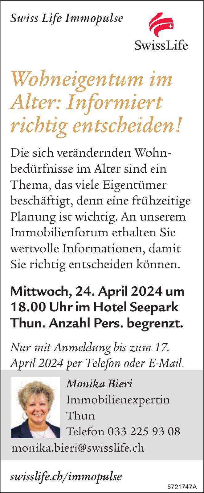 Wohneigentum im Alter: Informiert richtig entscheiden!, 24. April, Hotel Seepark, Thun