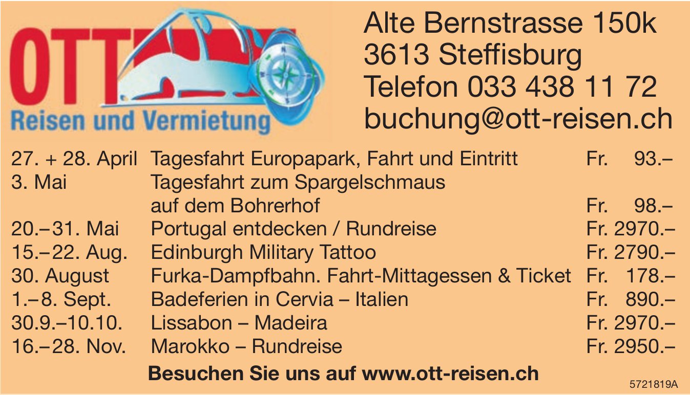 Reiseprogramm, 27. April - 28. November, Ott Reisen, Steffisburg