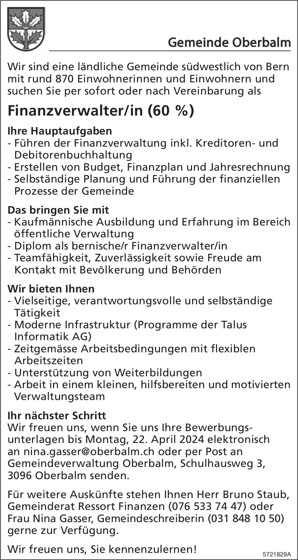 Finanzverwalter/in (60%), Gemeinde, Oberbalm, gesucht