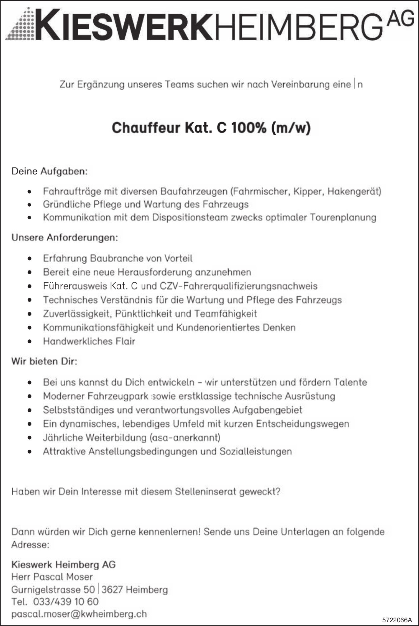 Chauffeur Kat. C 100% (m/w), Kieswerk Heimberg AG, gesucht