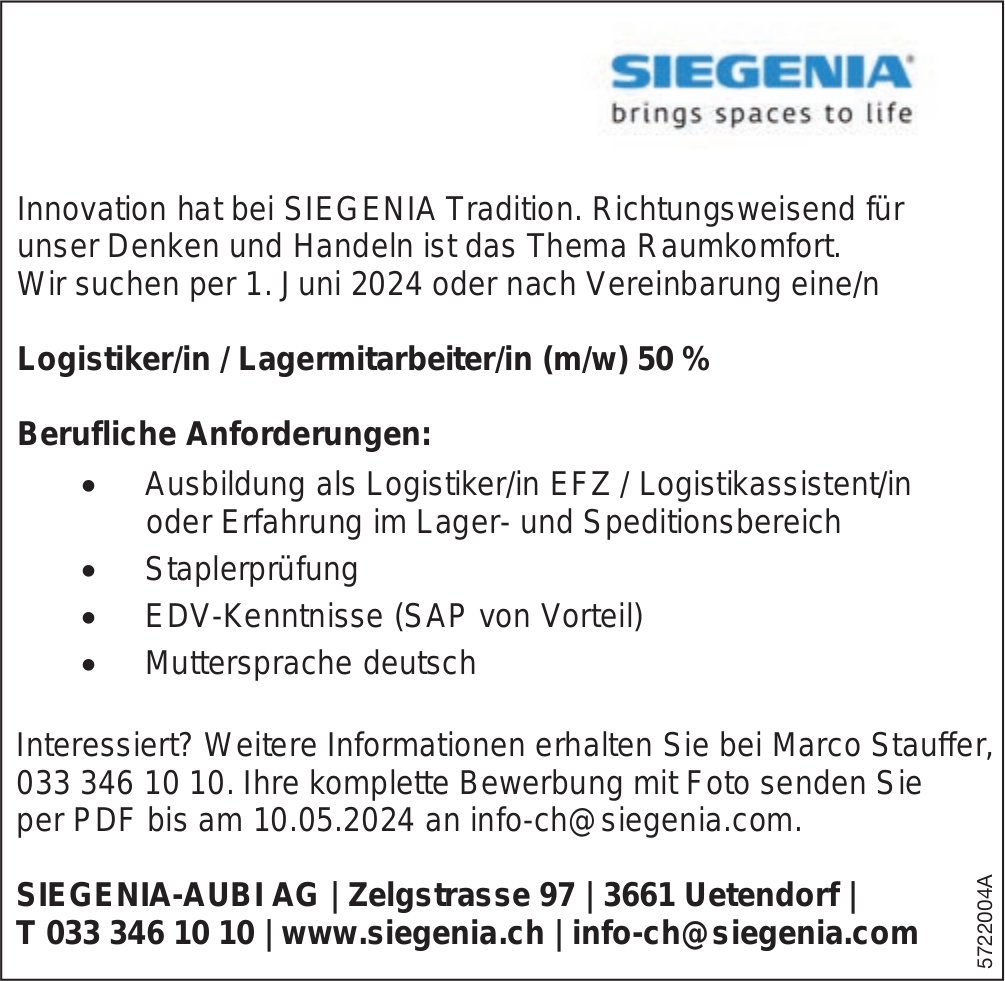 Logistiker/in/Lagermitarbeiter/in (m/w) 50%, Siegenia-Aubi AG, Uetendorf, gesucht