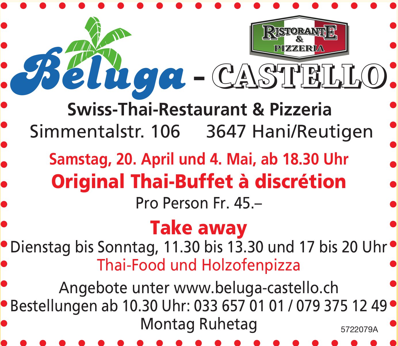 Original Thai-Buffet à discrétion & Take away, 20. - 4. April, Swiss-Thai-Restaurant & Pizzeria Beluga-Castello, Hani/Reutigen