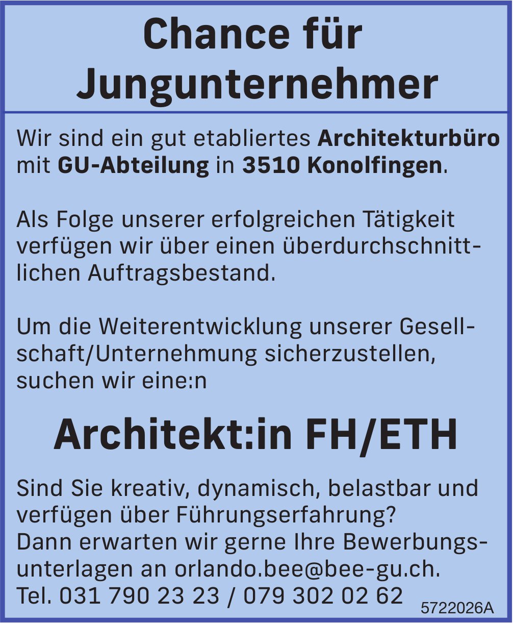 Architekt:in FH/ETH, Architekturbüro mit GU-Abteilung, Konolfingen, gesucht