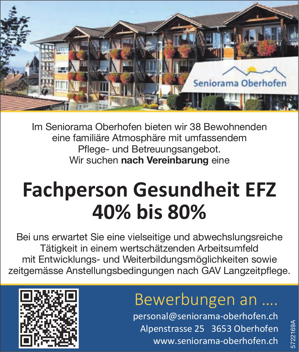 Fachperson Gesundheit EFZ 40% bis 80%, Seniorama Oberhofen, gesucht