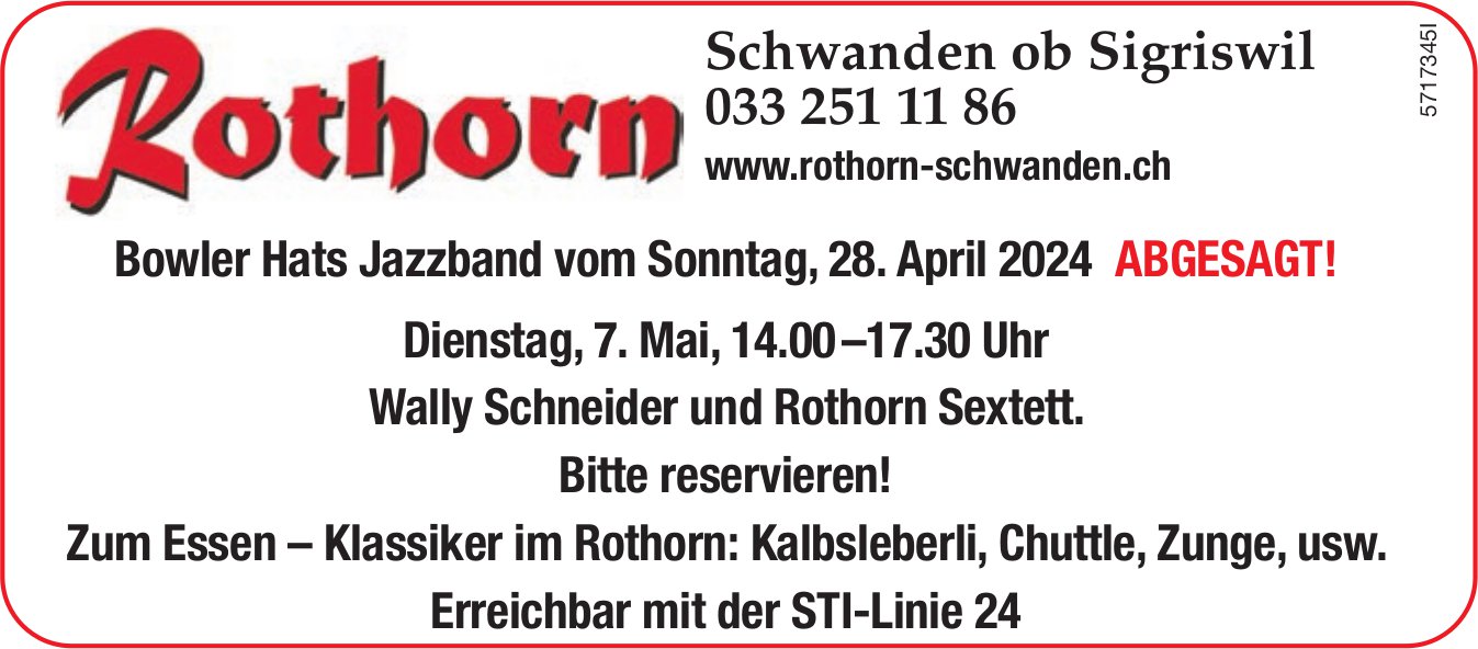 Bowler Hats Jazzband vom Sonntag, 28. April 2024 Abgesagt!, Landgasthof Rothorn, Schwanden ob Sigriswil